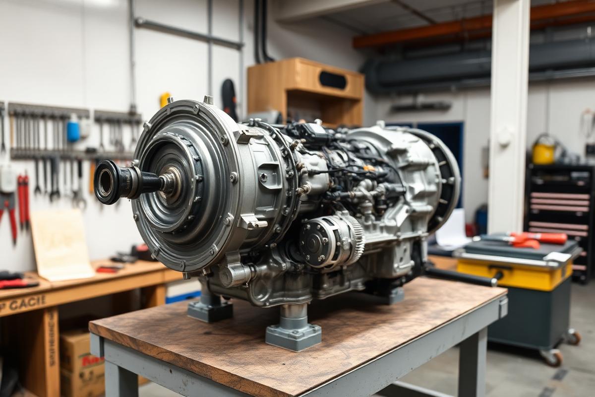 An automatic gearbox stripped on the workshop bench